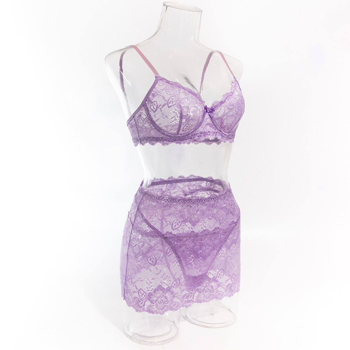 Sexy Light Purple Lace See-through Steel Ring Gathered Hip Skirt Three-piece Set