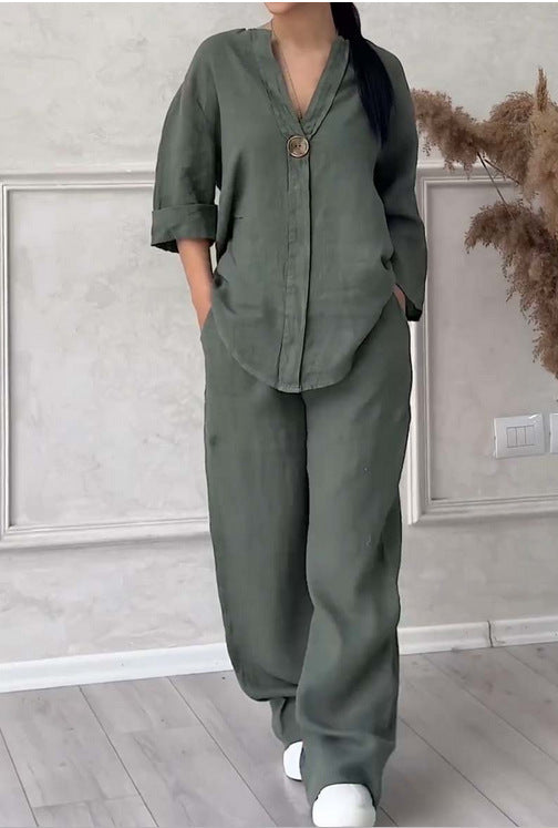 Fashionable Pure Color Cotton Linen Leisure Pants Set