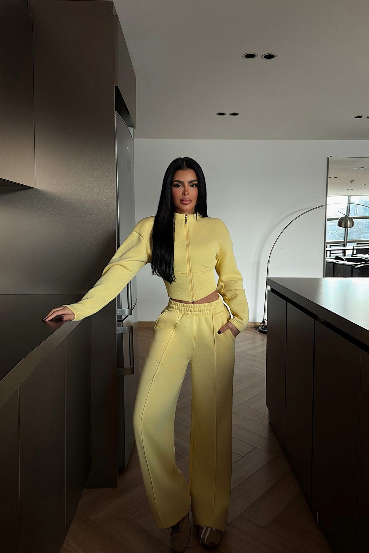 Stylish Solid Color Zip-up Cardigan and Wide-leg Pants Casual Suit