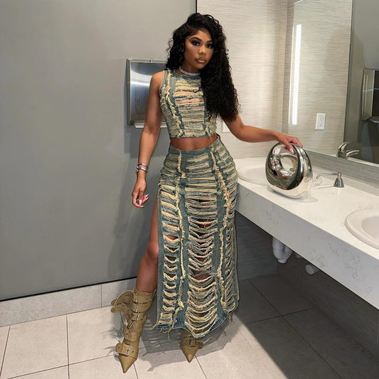 Fashion Personality Hand-distressed Vest High Slit Denim Skirt Suit