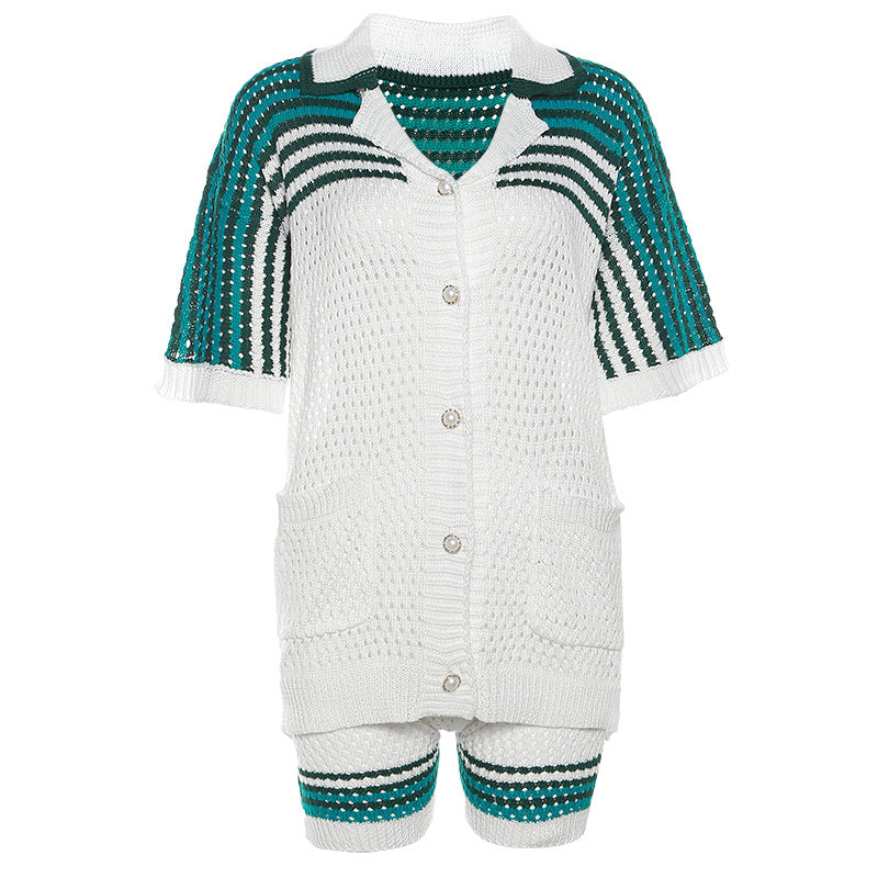 Fashionable Long Sleeved Jacket, High Waisted Shorts, Knitted Leisure Suit