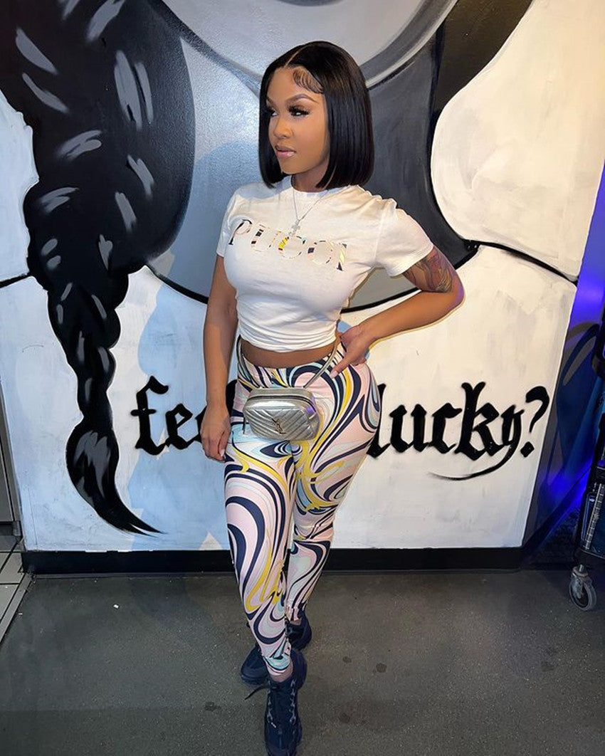 Letter Print T-shirt Slim Fit Hip-Lifting Sports Suit
