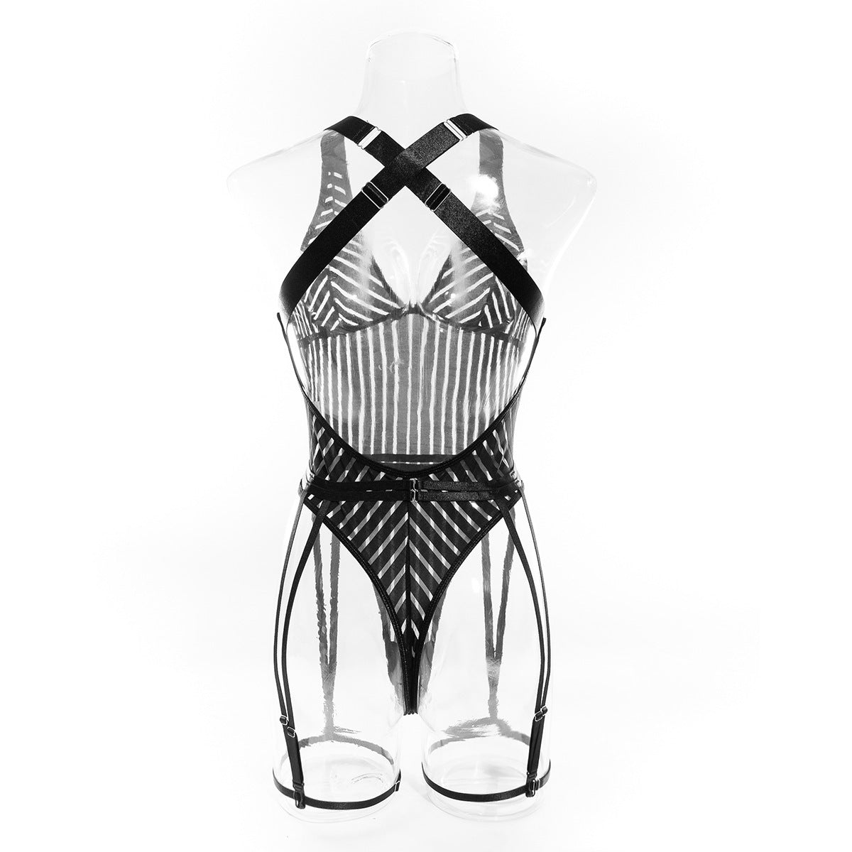 Sexy Striped Cross Strap Bodysuit Two Piece Set