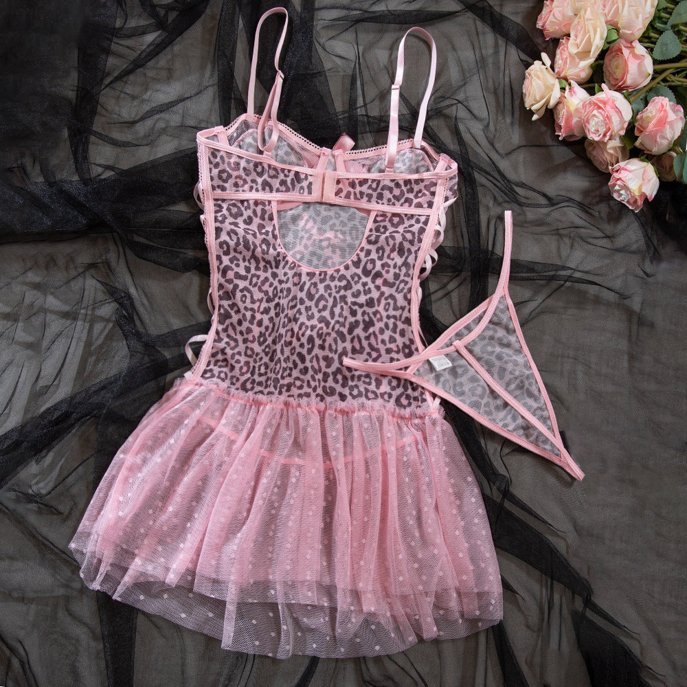 Sexy Pink Leopard Print Tulle Puffy Dress + T-Back