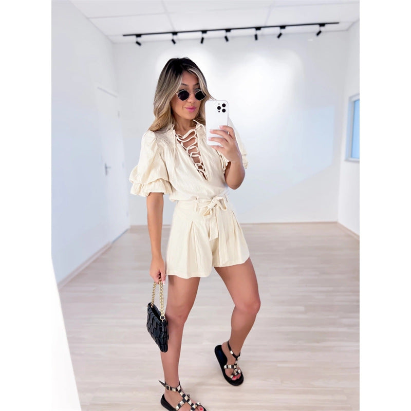 Stand Collar, Pile Sleeves, Shirt, High Waist, Tie-dye, Straight Shorts, Two-piece Suit