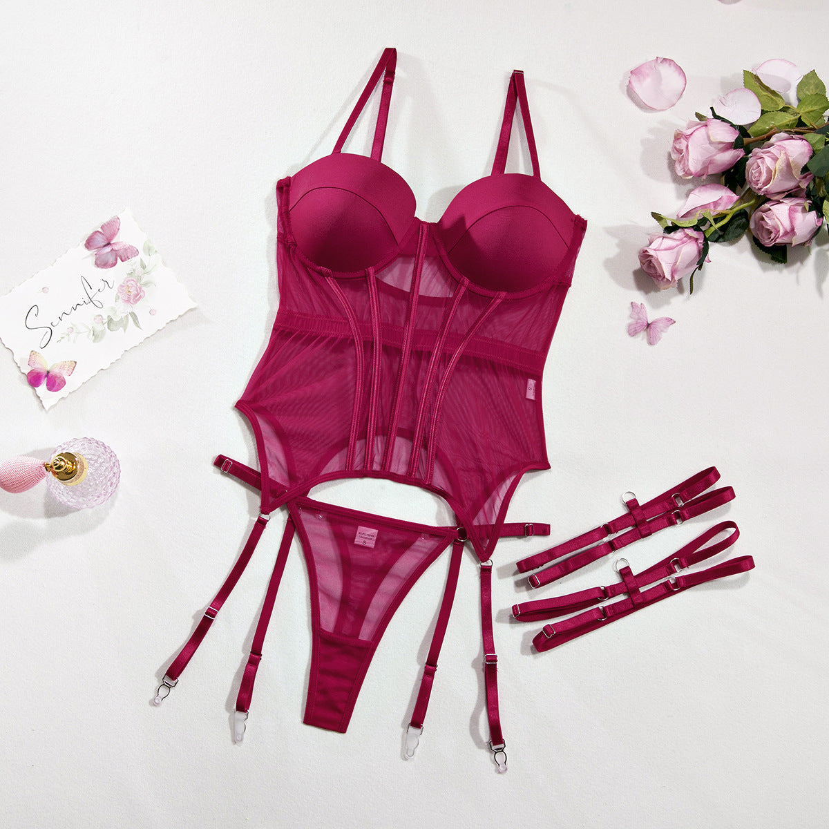 Sexy Gathered Split Leg Ring Mesh Bodysuit Three-piece Set