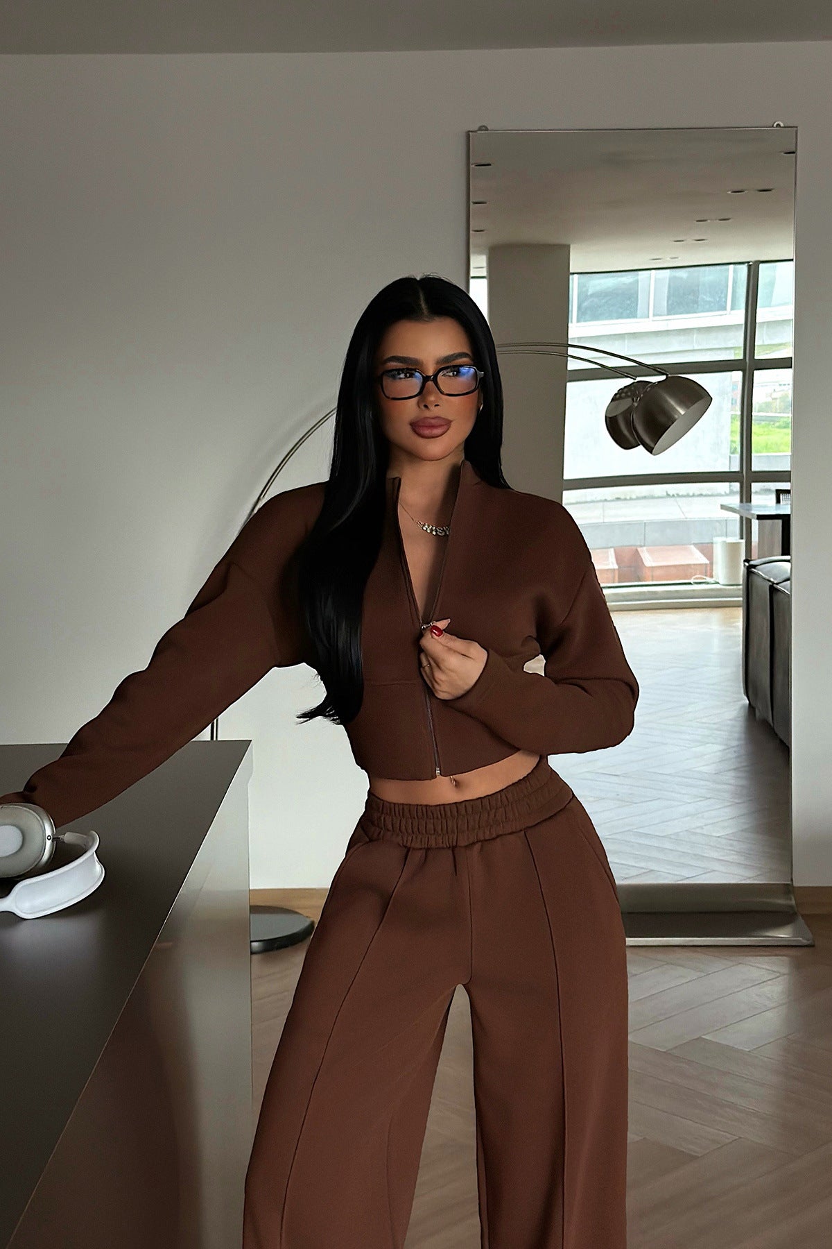 Stylish Solid Color Zip-up Cardigan and Wide-leg Pants Casual Suit