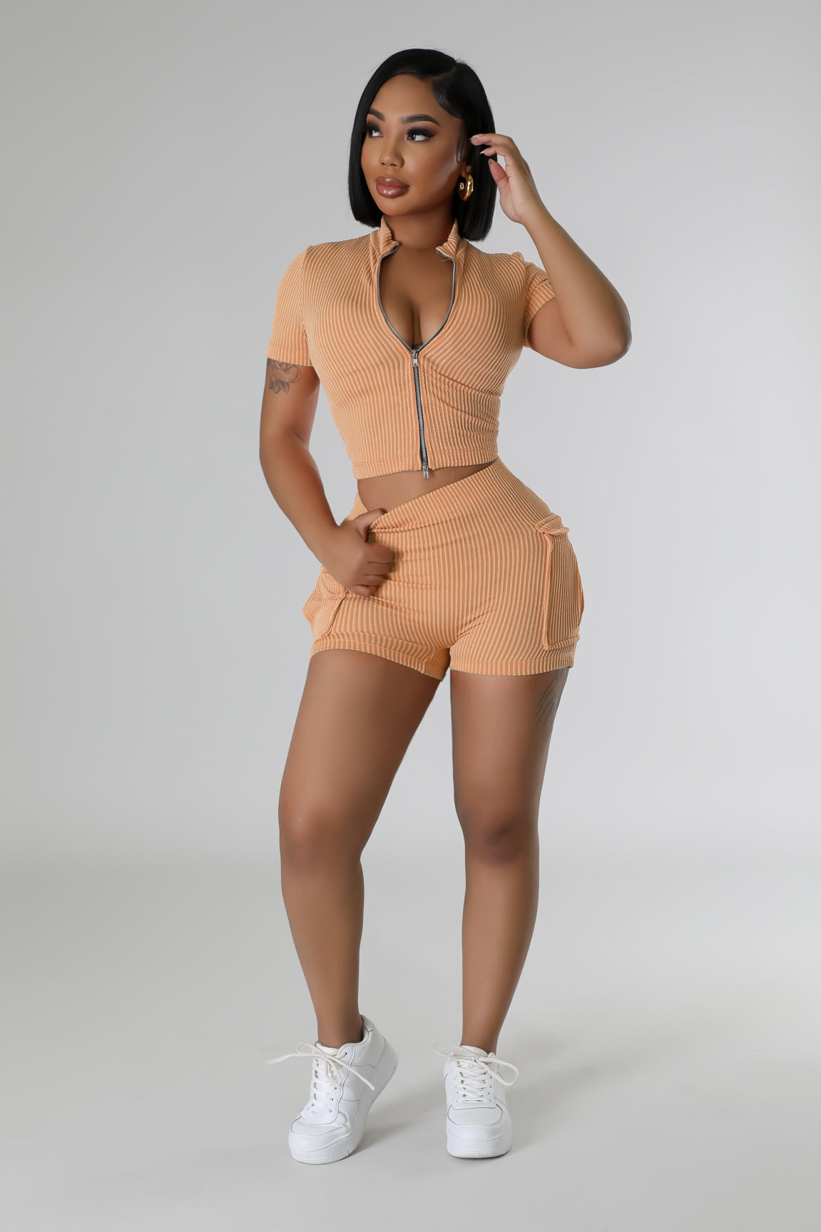 Fashion Two-way Zipper Casual Short-sleeved Shorts Suit