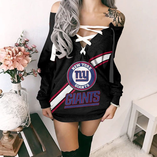 New York Giants Printed Lace-up V-neck Off-shoulder Hip Dress