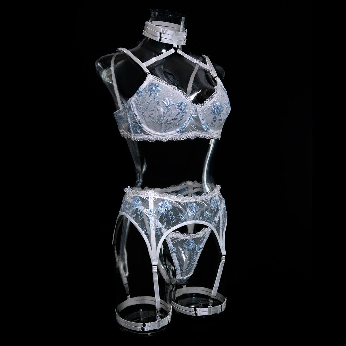 Sexy Suspender Neck Lace Flower Embroidery Underwire Push-up Bra Set