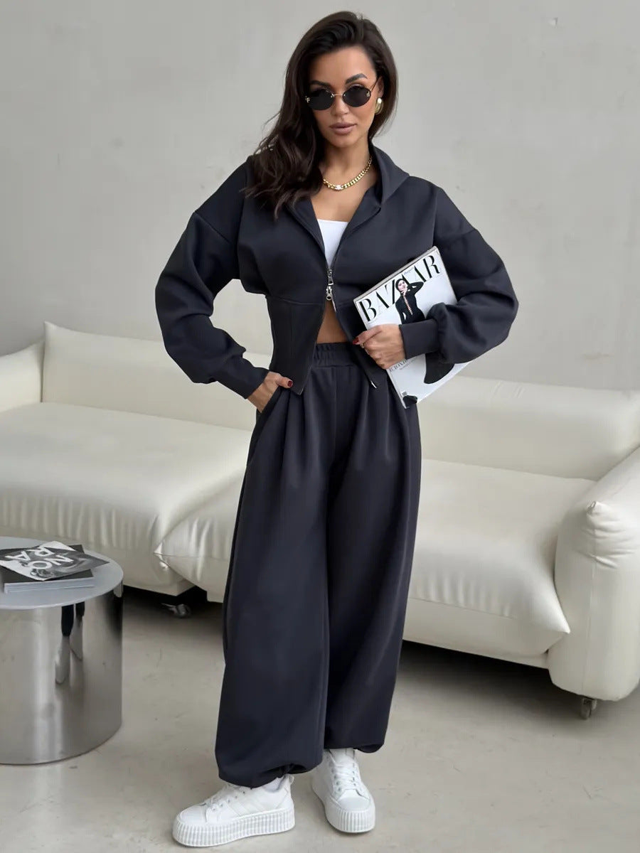Solid Color Zip-up Cardigan Sweatshirt Loose Trousers Casual Suit