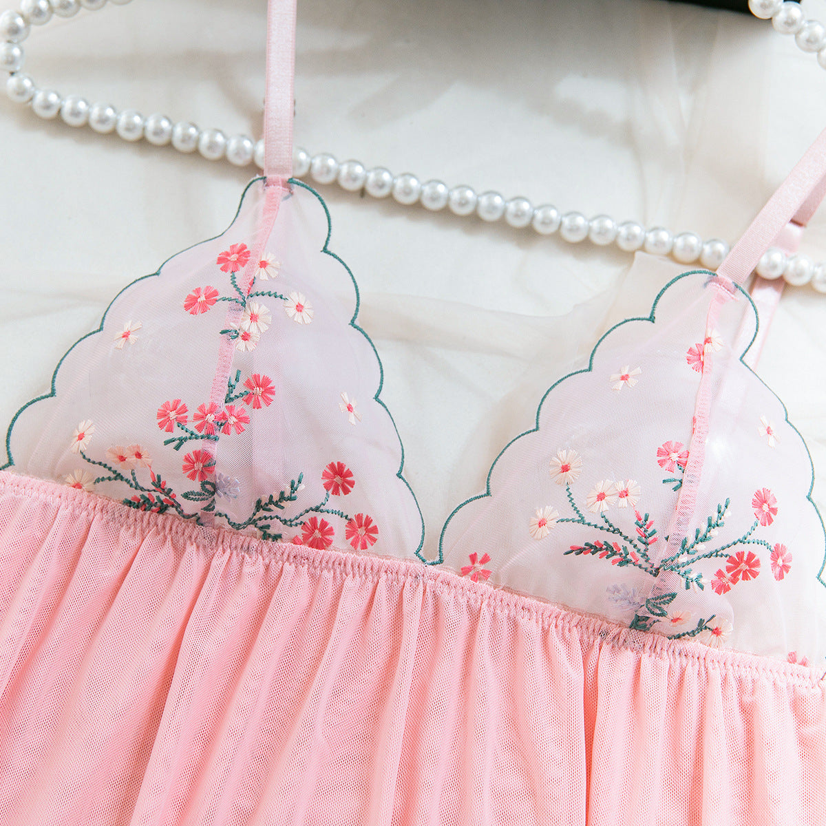 Sexy Ultra-thin Mesh Floral Embroidery See-through Sexy Nightdress + T-Back Two-piece Set