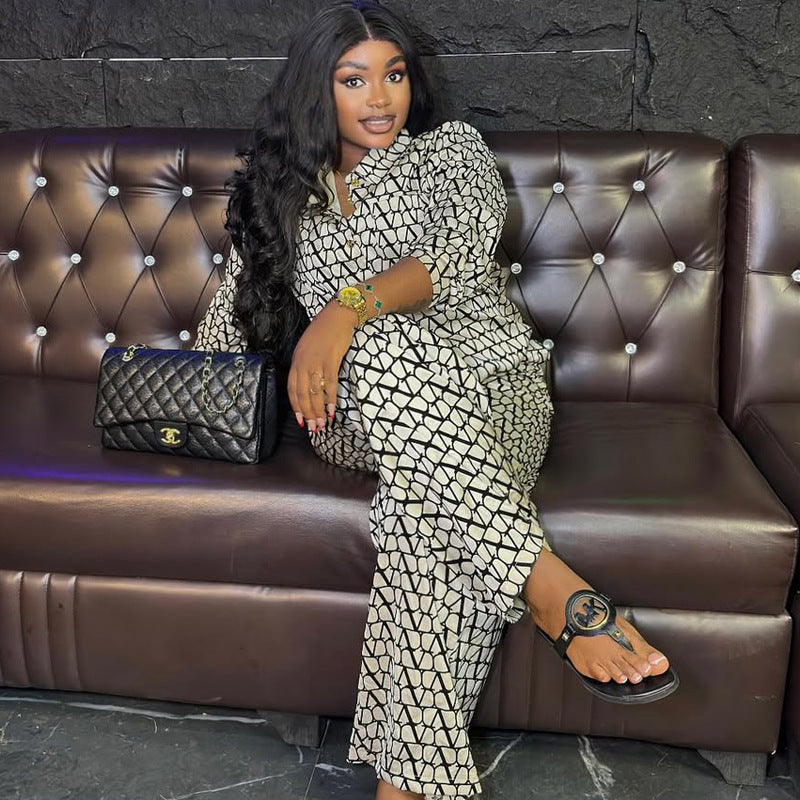 New Long-sleeved Printed Collared Shirt and Casual Wide-leg Trousers Two-piece Set