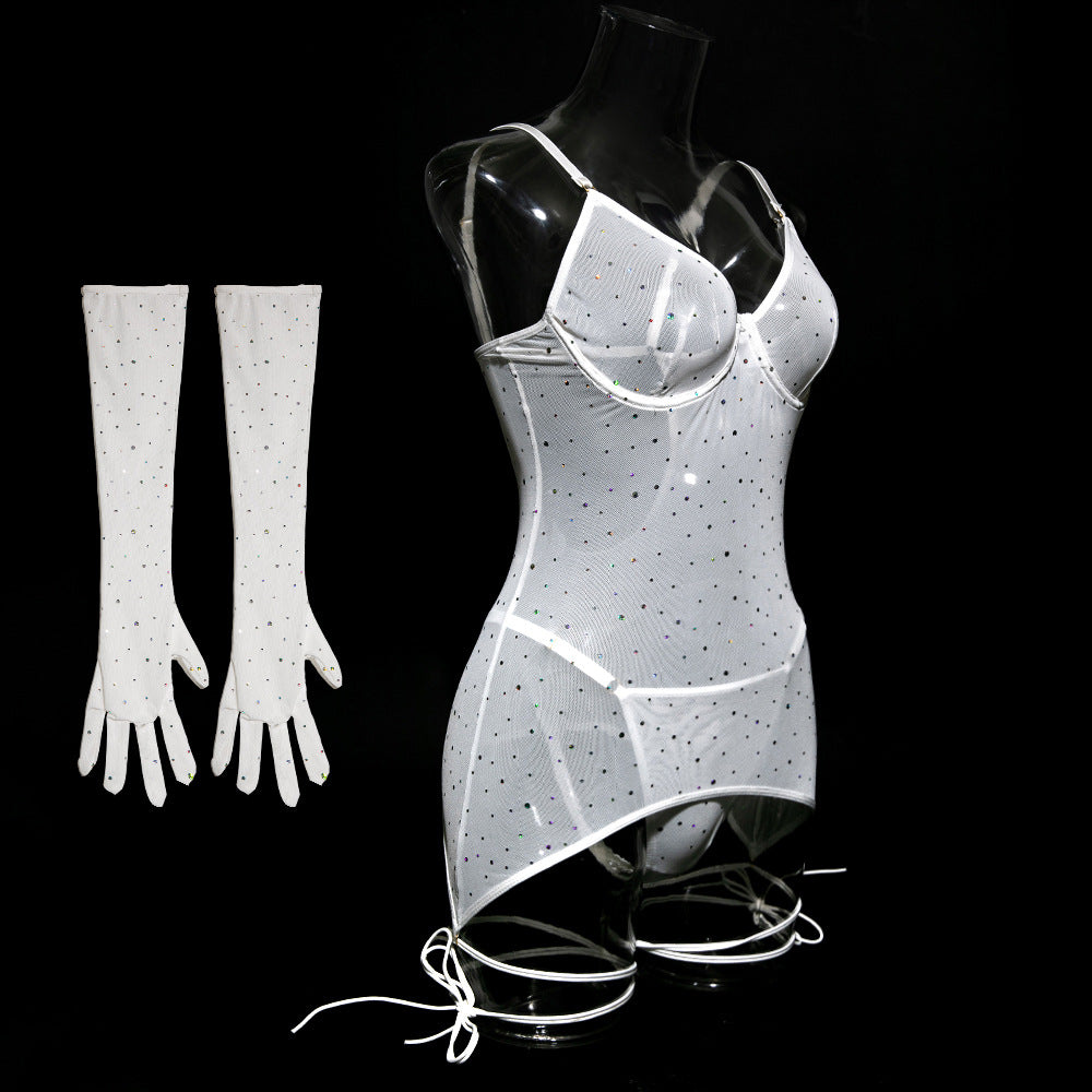 Sequined Nightclub Mesh Transparent Steel Ring Gathered Leggings with Gloves Dress Set