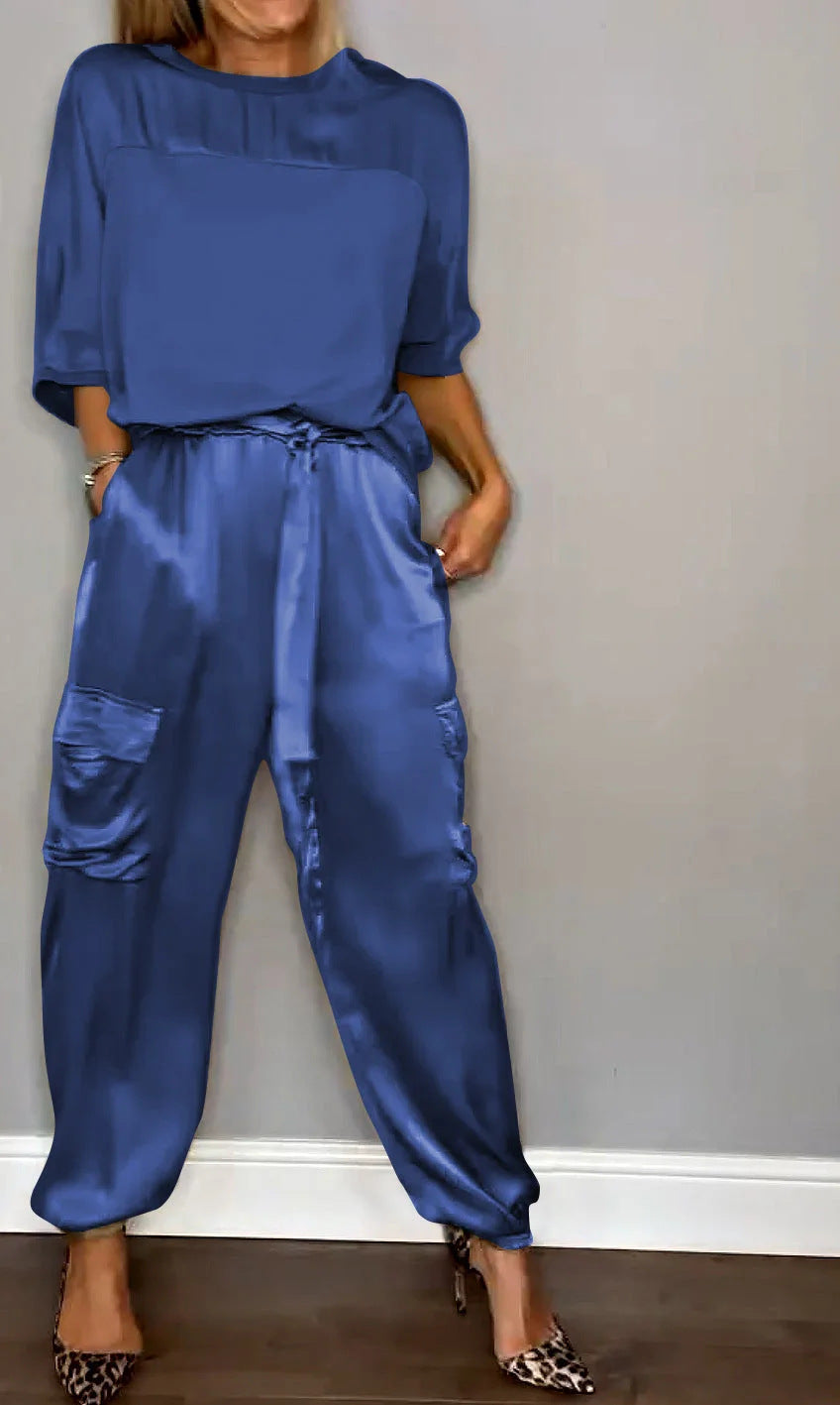 Fashionable Mercerized Satin Short Sleeve Top and Pants Set
