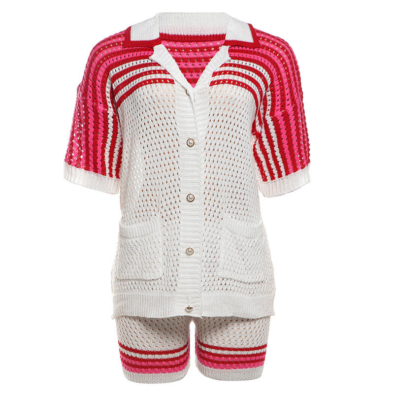 Fashionable Long Sleeved Jacket, High Waisted Shorts, Knitted Leisure Suit