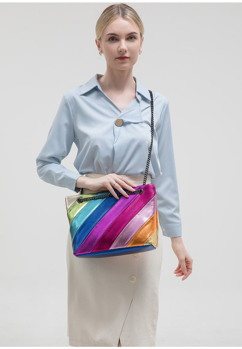 Contrast Color Stitching Chain Rainbow Handheld Crossbody Bag