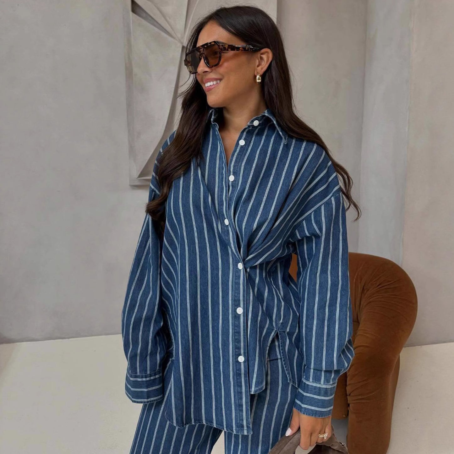 Long-sleeved Collared Cardigan Striped Shirt and Trousers Casual Suit