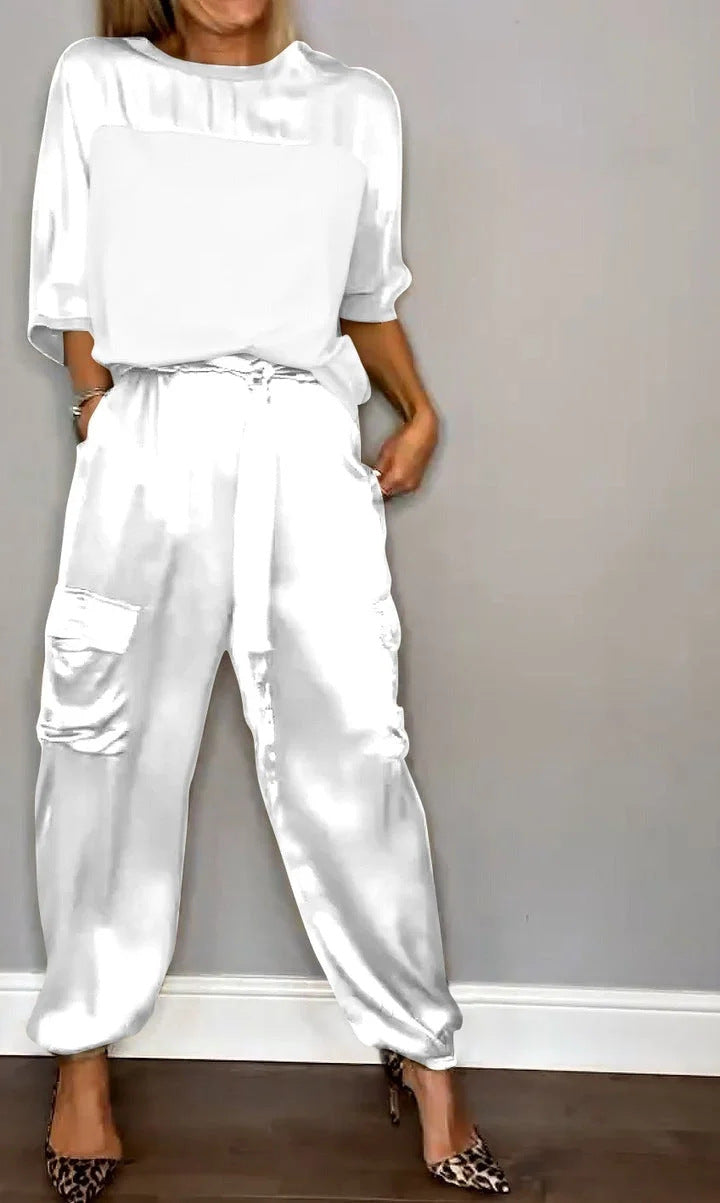 Fashionable Mercerized Satin Short Sleeve Top and Pants Set