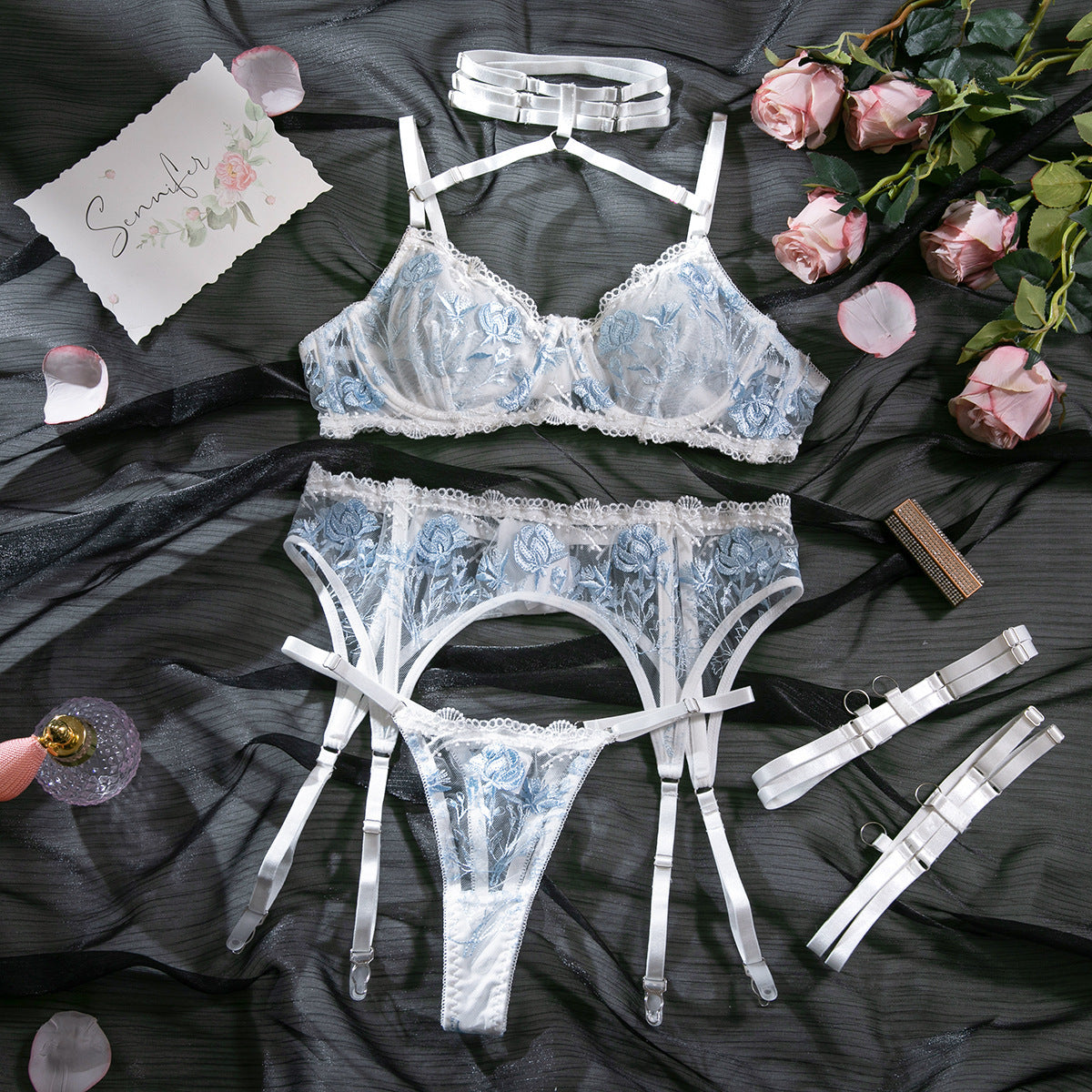 Sexy Suspender Neck Lace Flower Embroidery Underwire Push-up Bra Set