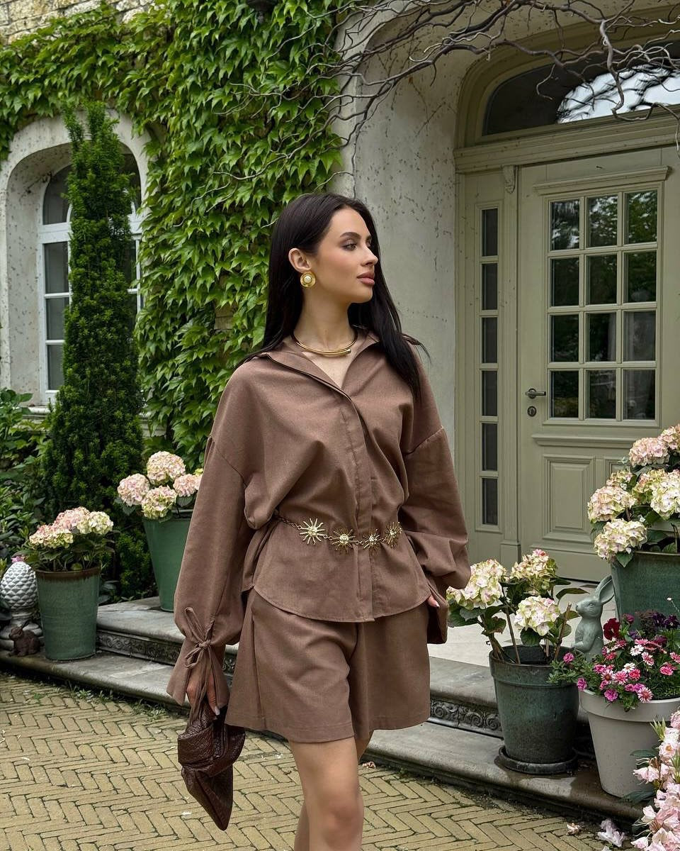 Collared Loose Long-Sleeved Shirt and Wide-Leg Shorts Casual Suit