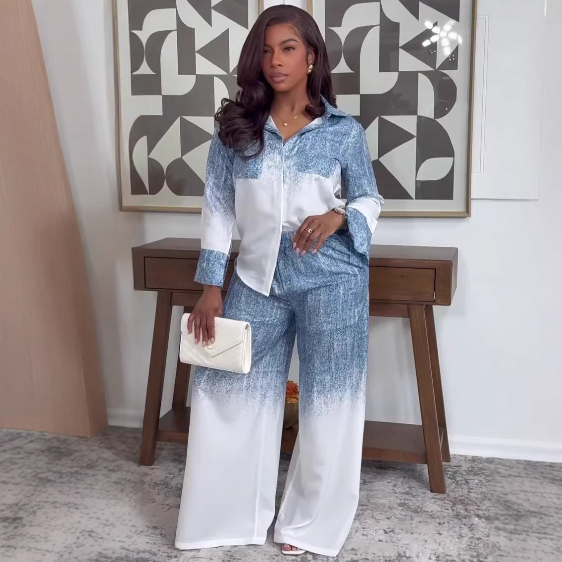 Color-blocked Long-sleeved Collared Shirt and High-waisted Trousers Suit