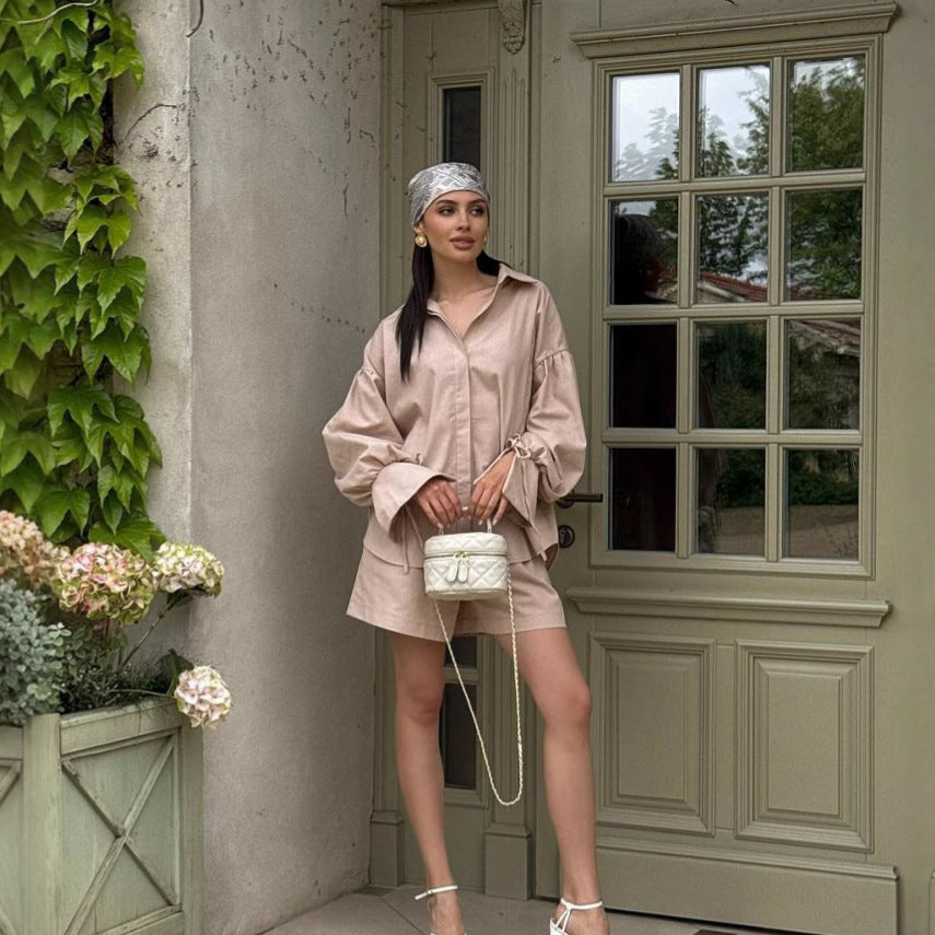 Collared Loose Long-Sleeved Shirt and Wide-Leg Shorts Casual Suit