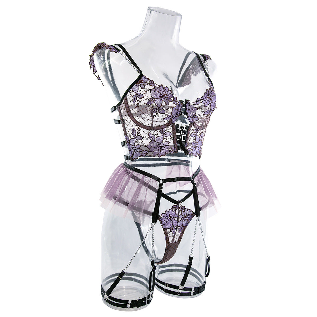 Embroidered Flower Gathered Cute Metal Chain Sexy Lingerie Four-piece Set