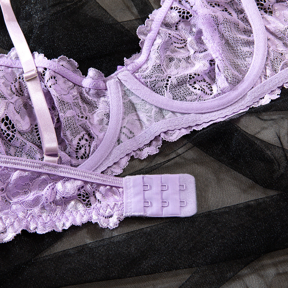 Sexy Light Purple Lace See-through Steel Ring Gathered Hip Skirt Three-piece Set