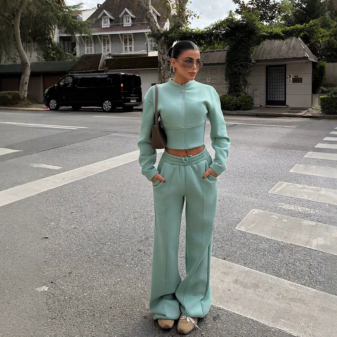 Stylish Solid Color Zip-up Cardigan and Wide-leg Pants Casual Suit