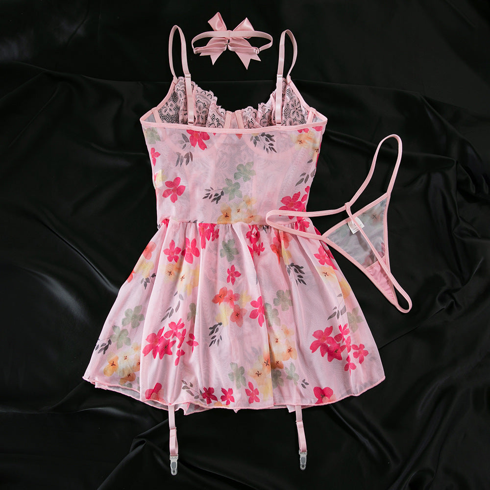 Sexy Lace Floral Mesh Printed Underwire Gathered Bowknot Neck Dress