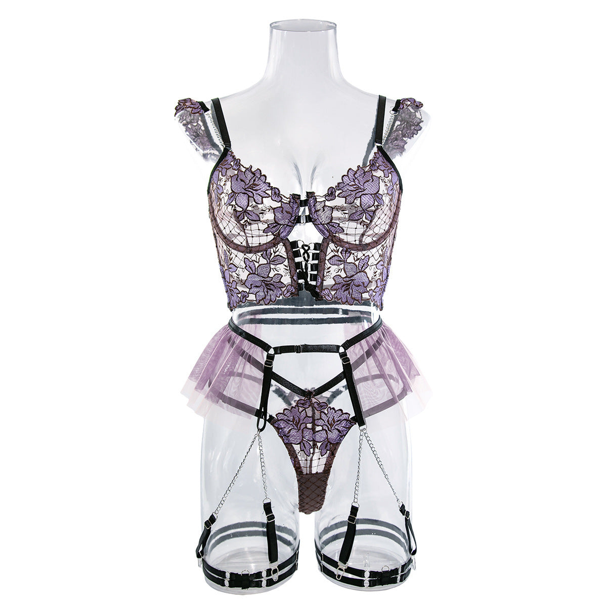 Embroidered Flower Gathered Cute Metal Chain Sexy Lingerie Four-piece Set
