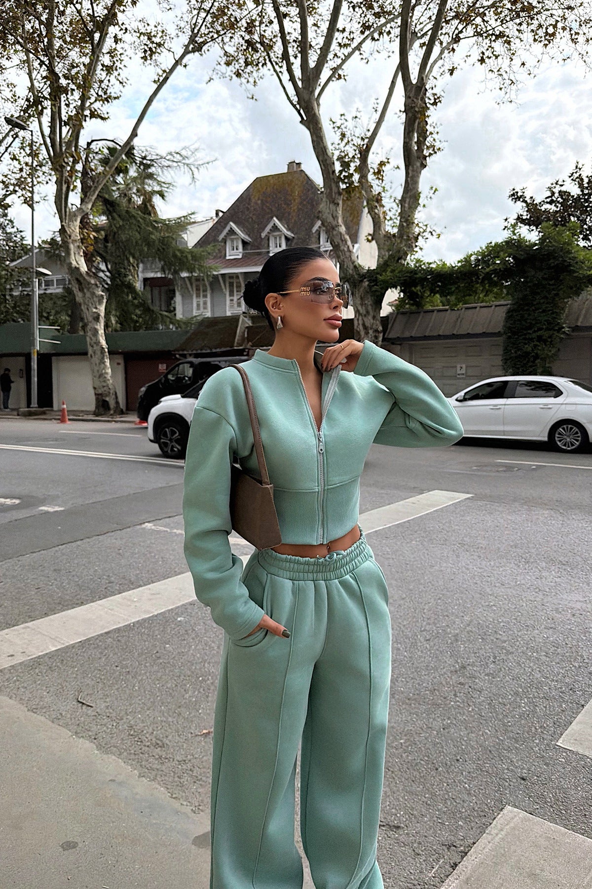 Stylish Solid Color Zip-up Cardigan and Wide-leg Pants Casual Suit