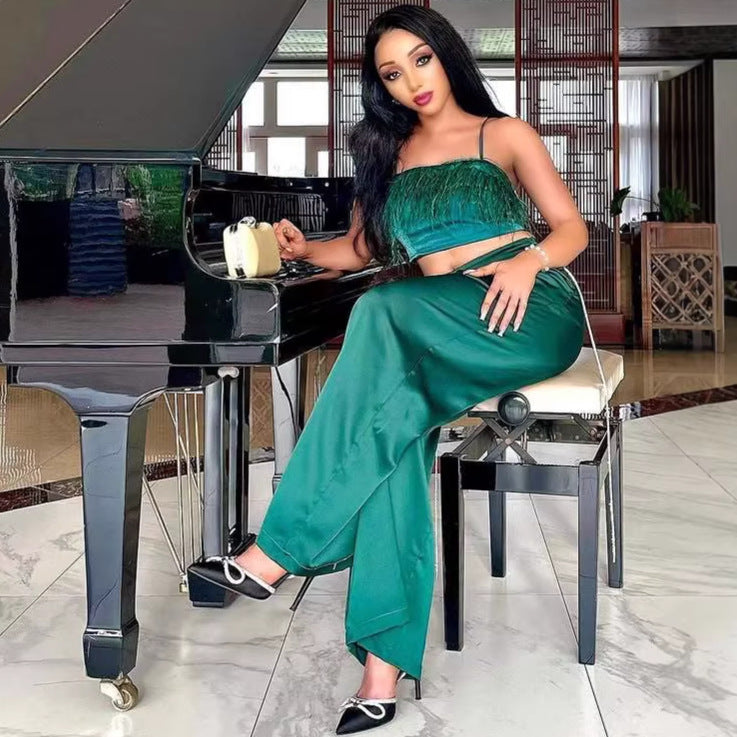 Tassel Halter Top and High-waisted Trousers Two-piece Set