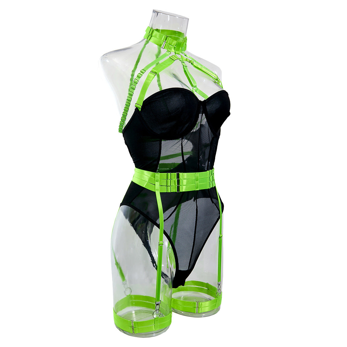 Sexy Fluorescent Green Scarf Strap Shawl Transparent Mesh Steel Ring Gathered Comfortable Jumpsuit