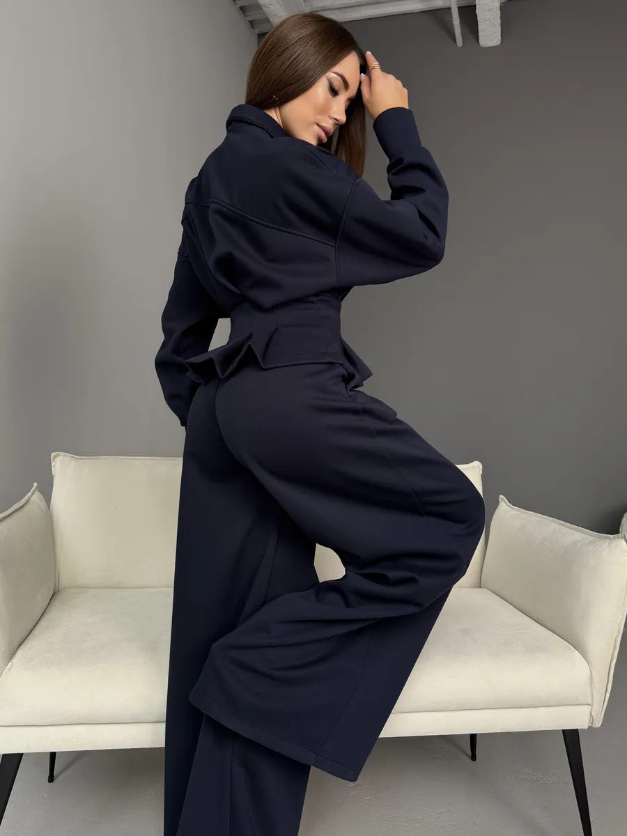 Stand-up Collar Long-sleeved Belted Sweatshirt and Casual Pants Set