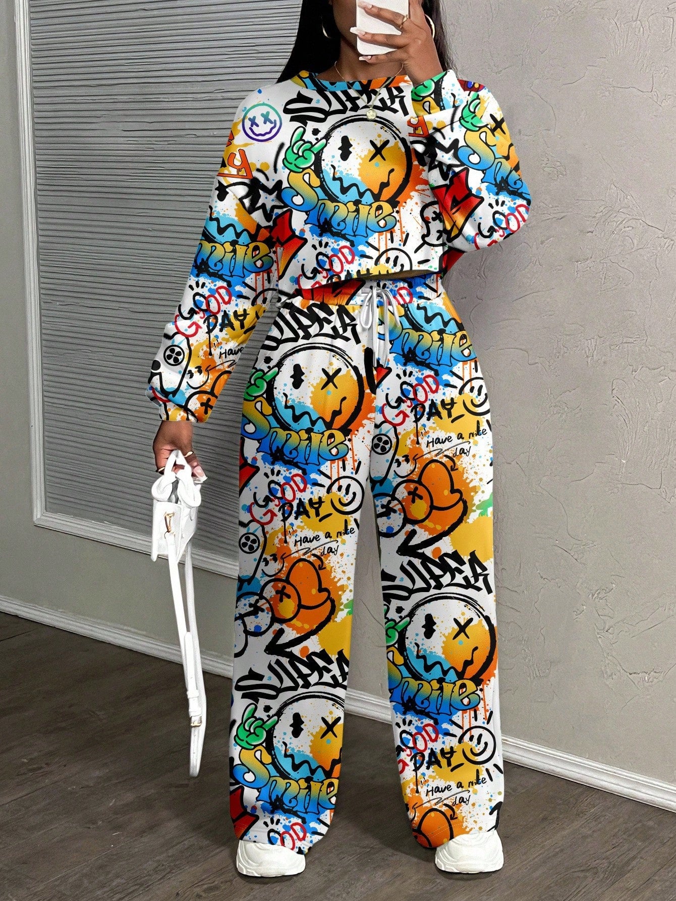 Casual Letter Print Crew Neck Sweatshirt and Pants Set