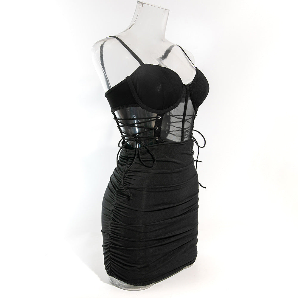 Sexy Underwire Gathered Drawstring Hollow Backpack Hip Herringbone Dress