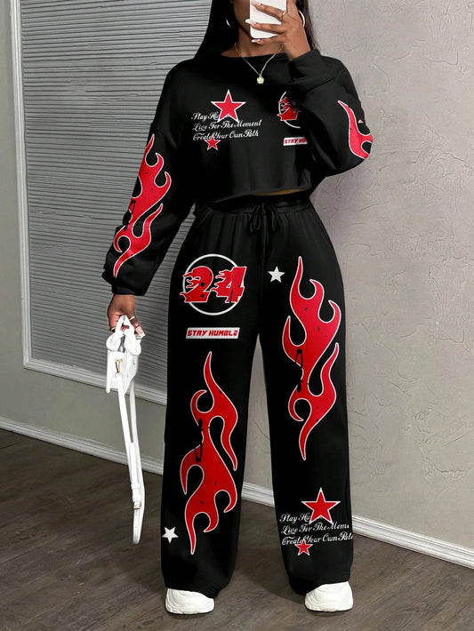 Casual Letter Print Crew Neck Sweatshirt and Pants Set