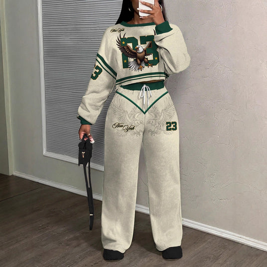 Casual Letter Print Crew Neck Sweatshirt and Pants Set