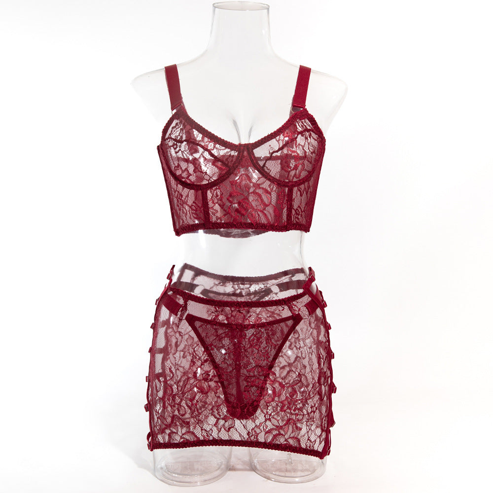 Lace Lace Underwire Gathered Sexy Hot Girl Suspenders Hip Skirt Three Piece Set