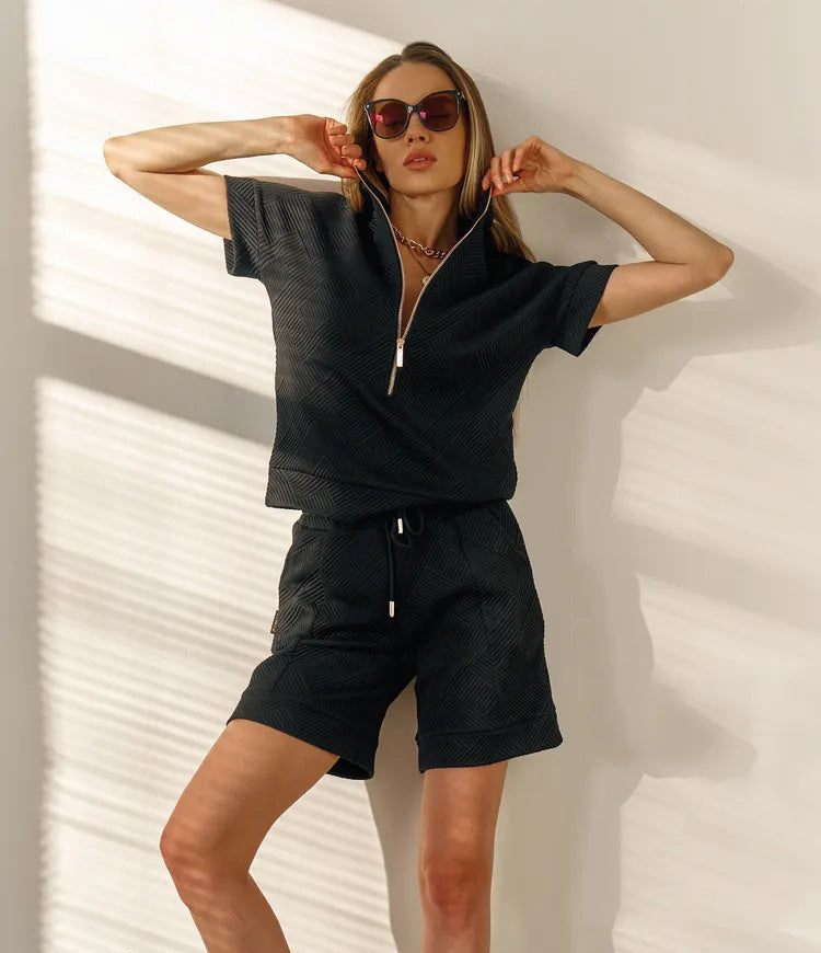 Solid Color Loose-fitting Crew Neck Sweatshirt and Shorts Casual Set