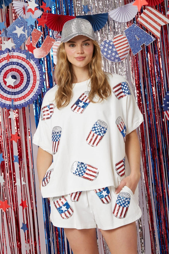 Summer New Independence Day Sequined Short Sleeve Shorts Set