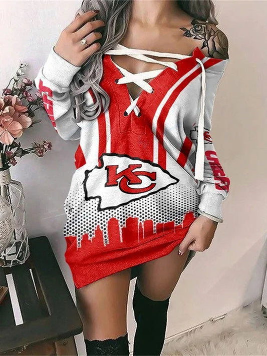 Kansas City Chiefs Printed Lace-up V-neck Off-shoulder Hip Dress