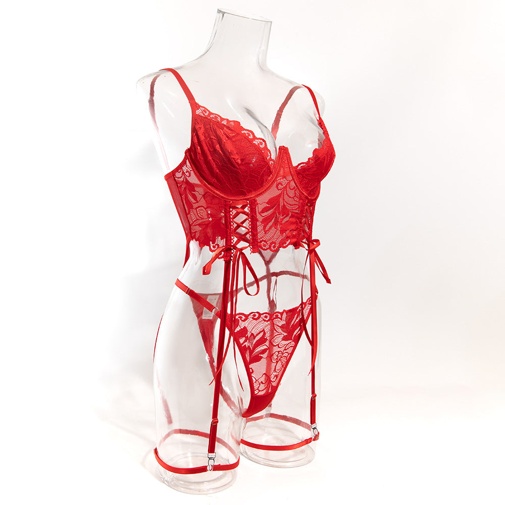 Sexy Camisole Lace Half Cup Herringbone Underwire Gathered Bra Set