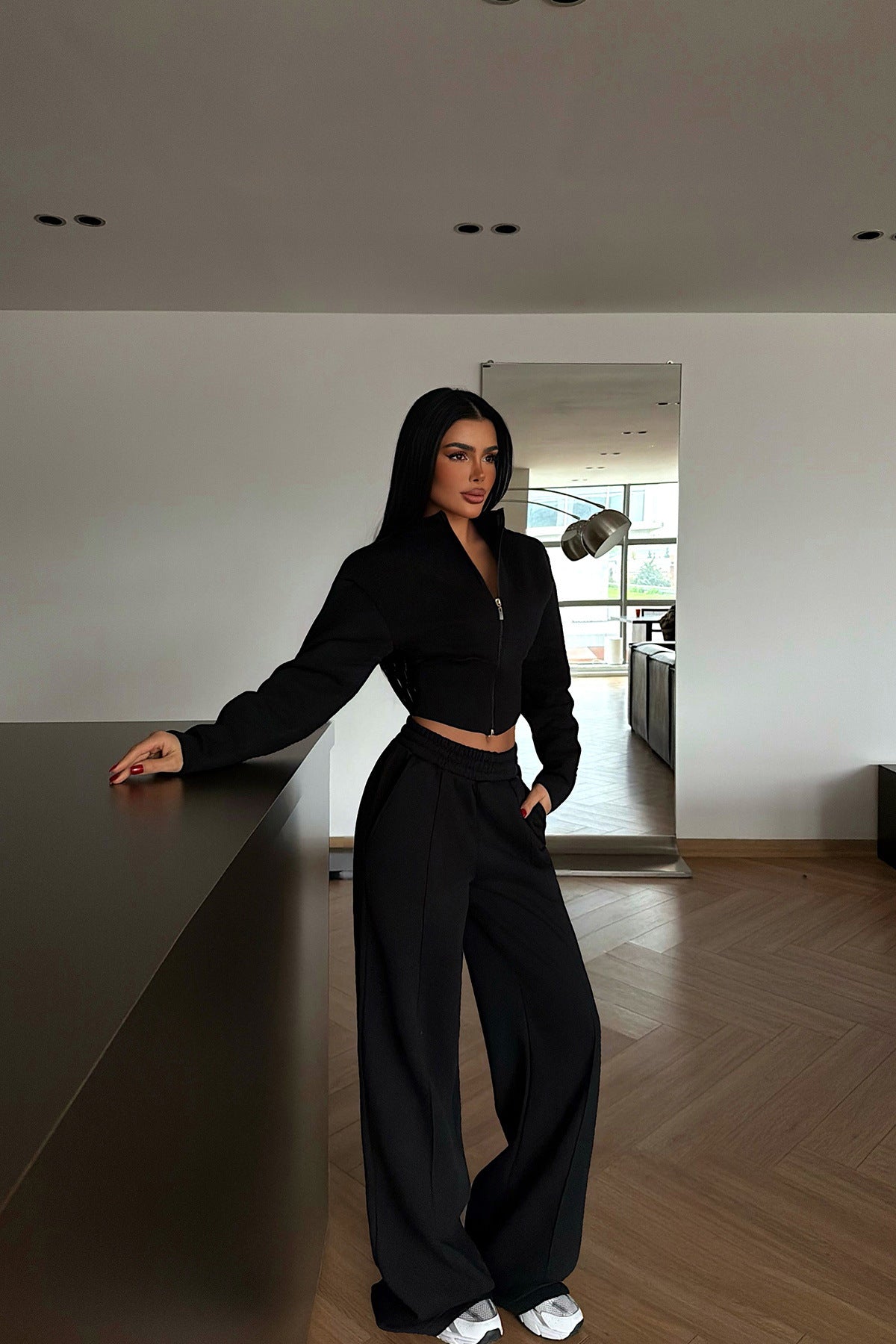 Stylish Solid Color Zip-up Cardigan and Wide-leg Pants Casual Suit