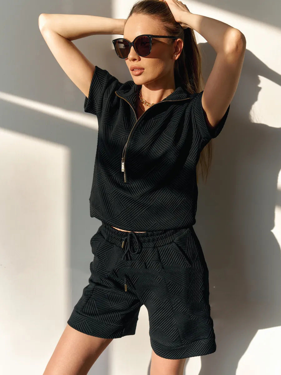 Solid Color Loose-fitting Crew Neck Sweatshirt and Shorts Casual Set
