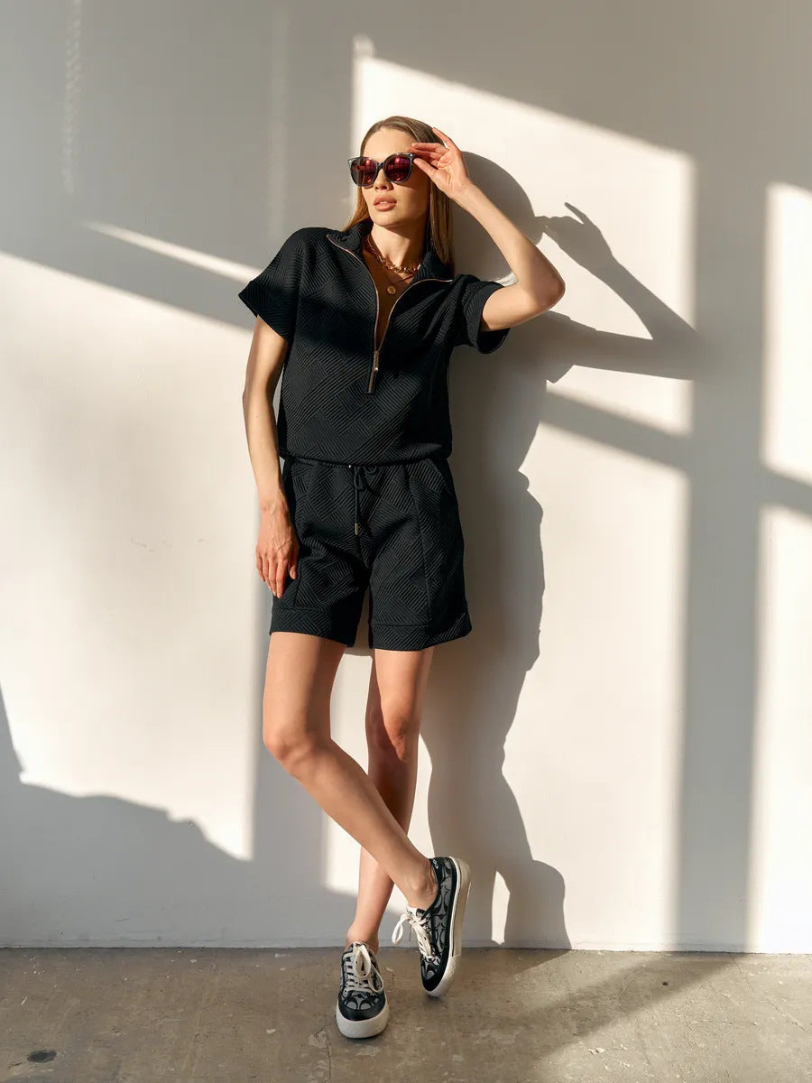 Solid Color Loose-fitting Crew Neck Sweatshirt and Shorts Casual Set