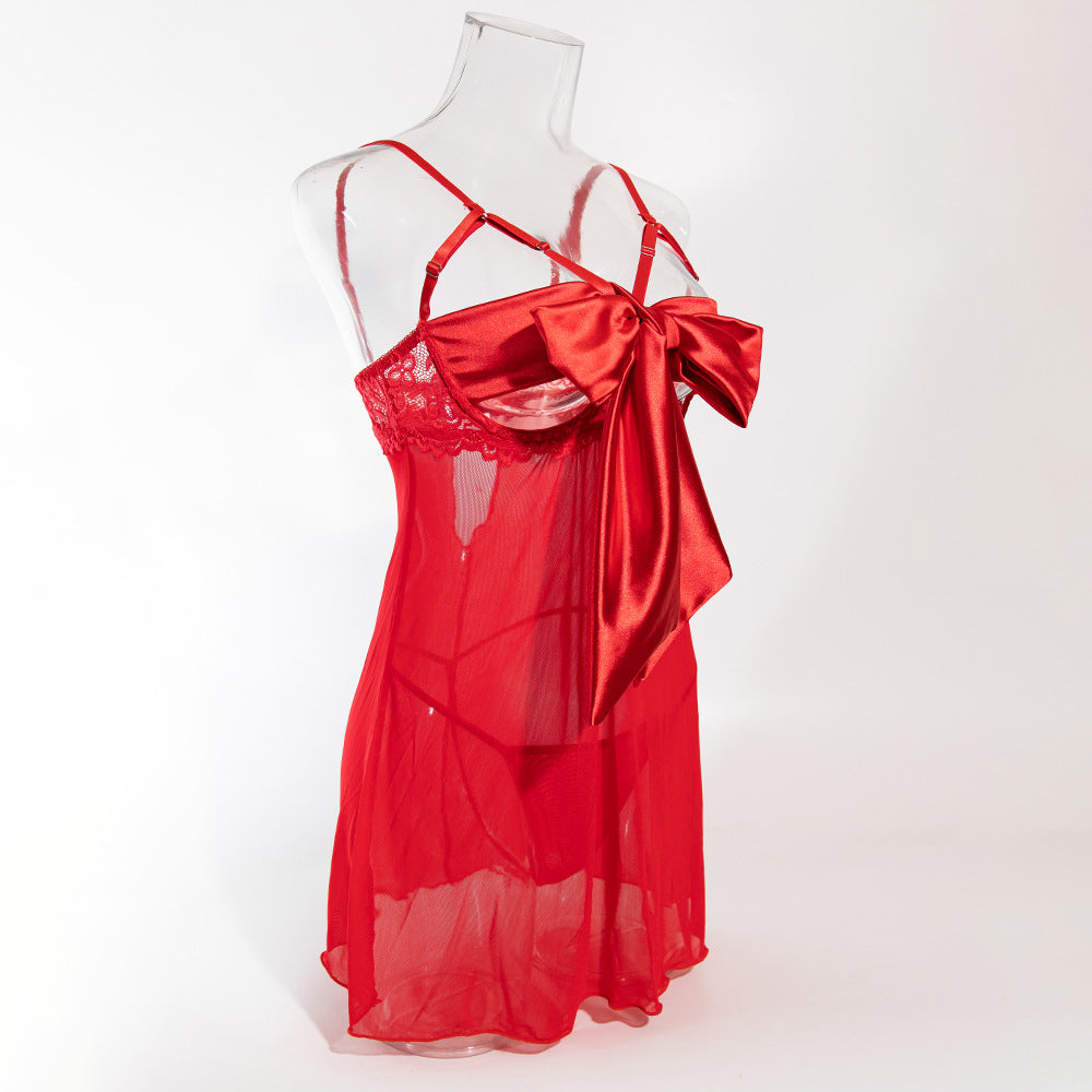 Sexy Transparent Mesh Underwire Gathered Bowknot Dress