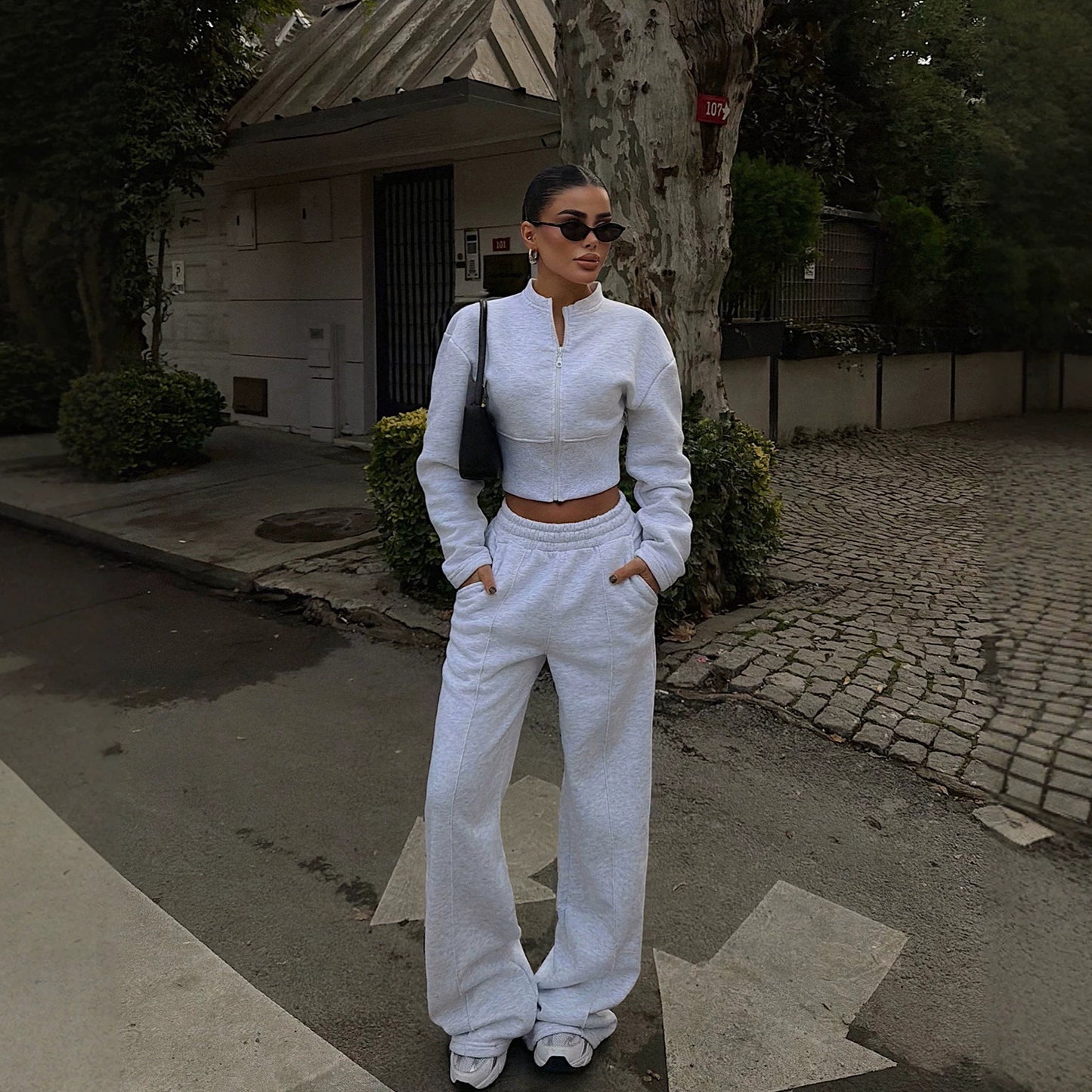 Stylish Solid Color Zip-up Cardigan and Wide-leg Pants Casual Suit